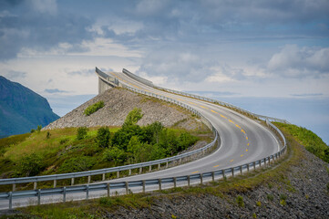 Sun light at empty bridge of norwegian Atlantic Road, one of the most scenic roads of the world....