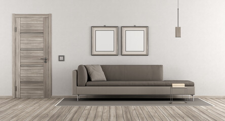 Modern living room with wooden door and contemporary sofa on white wall - 3d rendering