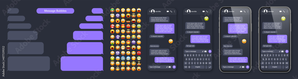 Wall mural smartphone messaging app, user interface with emoji. sms text frame. chat screen, violet message bub