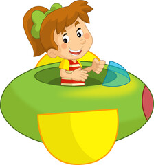 Cartoon kid on a toy funfair plane amusement park or playground isolated illustration for kids