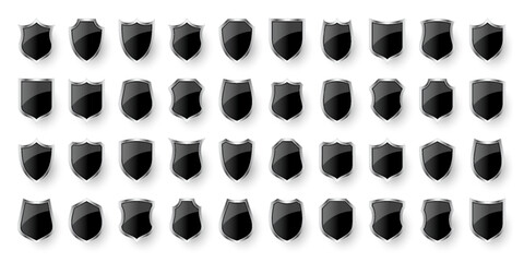 Set of various vintage 3d shield icons. Black heraldic shields. Protection and security symbol, label. Vector illustration
