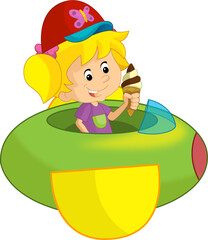 Cartoon kid on a toy funfair plane amusement park or playground isolated illustration for kids