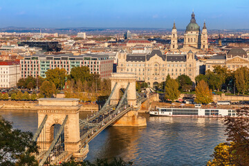 Fototapeta na wymiar Budapest. Panorama of Pest from Buda. Szechenyi chain bridge over the Danube. St. Stephen's Basilica