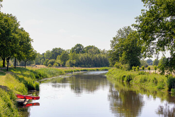 Summer landscape with view of Beneden Regge rivier in Ommen, Overijssel, The Pieterpad is a long distance walking route in the Netherlands, The trail runs from northern part of Groningen to Maastricht