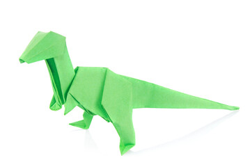 Green Velociraptor dinosaur of origami, isolated on white background.