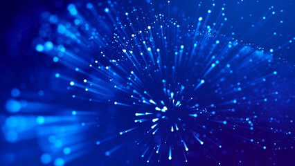 Blue light rays like laser show for bright festive presentation. 3d rendering of abstract blue background with glowing particles like micro world science fiction with depth of field and bokeh.
