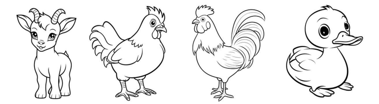 Farm animals - cute Goat, Chicken, Rooster and Duck, simple thick lines kids or children cartoon coloring book pages. Clean drawing can be vectorized to illustration easily. Generative AI