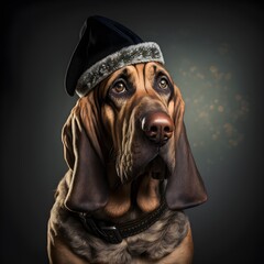 christmas portrait photograph of a bloodhound wearing a christmas police inspector holiday costume  - obrazy, fototapety, plakaty