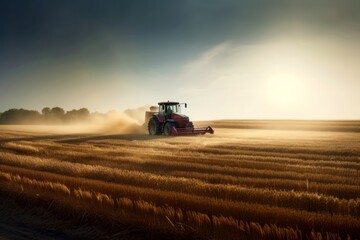 Naklejka premium A tractor and the golden corn field bathed in sunlight - Generative AI
