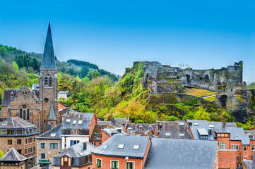 View of the Church and the Castle in the Belgian City of La Roche. View of the town centre below...