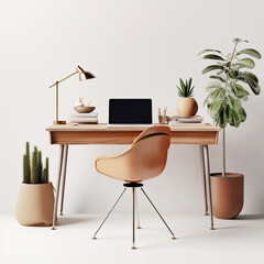 Modern home office with wooden desk and office chair against of white wall. Scandinavian interior design of modern living room with comfortable workplace. Created with generative AI