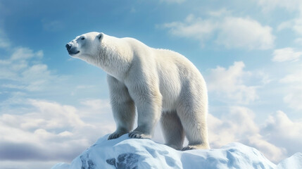 Big polar bear on a glacier, sky in the background. Melting iceberg and global warming. Concept climate change, melting glaciers and arctic ice. Banner. Copy space