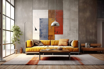 Vibrant yellow velvet sofa against of concrete wall with colorfu