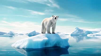 Plakat Polar bear on ice floe. Melting iceberg and global warming. Climate change, melting of glaciers and Arctic ice, the consequences of these processes for the planet and its ecosystems