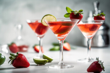  Strawberry cocktail with lime and mint on bright grey background