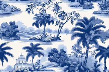 Fototapeta na wymiar Toile de jouy pattern trees and castle seamless blue and white 