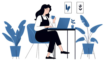 Illustration of a woman working from home at a desk with laptop and coffee, surrounded by potted plants in a cozy, productive home office setting on transparent background