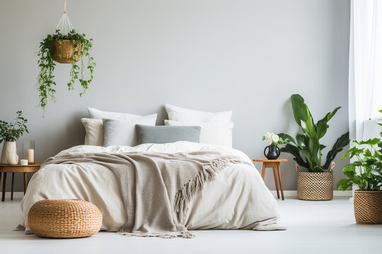 Bed against of grey empty wall with copy space. Nordic interior design of modern bedroom with greenery. Created with generative AI
