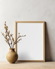 Empty mock up poster frame on floor. Interior design of modern living room with grey stucco wall and clay vase with blossom twig. Created with generative AI