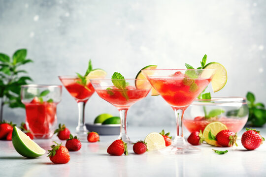 Strawberry cocktail with lime and mint on bright grey background