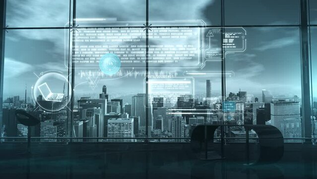 The virtual infographic panel displays the data decryption process.