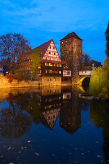 Naklejka na ściany i meble Weinstadel Wasserturm in Old town of Nuremberg at night, Germany