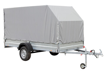 Tarpaulin car trailer, isolated on white background.