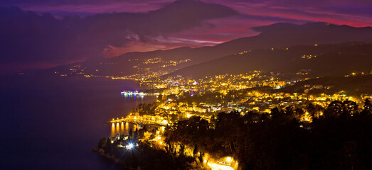 Naklejka premium Opatija riviera bay evening panoramic view, Kvarner region of Croatia