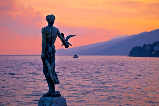 Opatija bay statue at sunset view, Kvarner region of Croatia