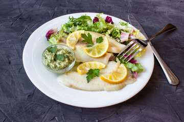 steamed tilapia fish with salad and tartar sauce with appliances on dark background