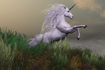 A white unicorn stallion rears up with power and majesty on a hilltop of a mountain range.