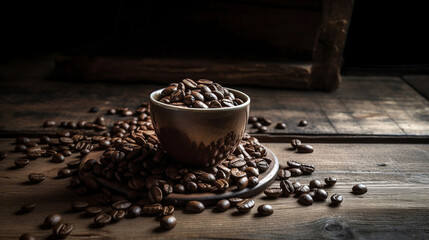 Freshly roasted coffee beans in small wooden bowl