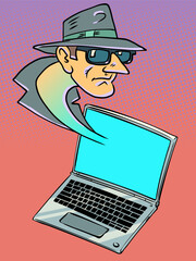 Malicious sites on the Internet. The security of your devices. The suspicious person face pops out of the laptop