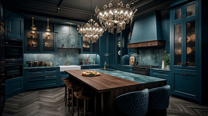 Kitchen in a modern style with a light worktop. There are green boxes under the counter top