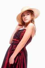Girl with Blond Hair in Red Dress Stray Hat on her Head