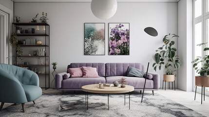 White living room with empty walls and lilac large sofa. Cozy house interior design
