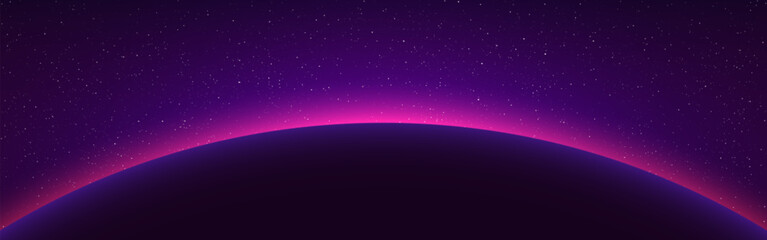 Planet sunrise. Sun eclipse in cosmos. Starry background with planet orbit. Glowing solar ring. Horizon effect with color glow. Beautiful white stars. Vector illustration