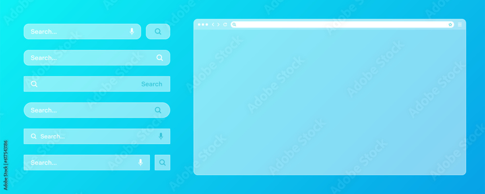 Poster blank transparent internet browser window with various search bar templates. web site engine with se