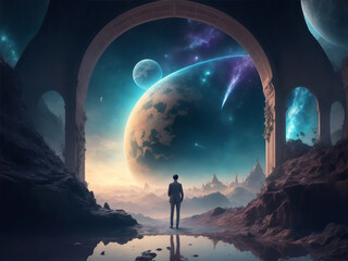 Man in front of Entrance to Magic world. Passage to another world. Portal to a fantasy world. Digital painting illustration created with Generative AI technology.