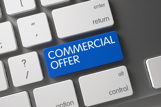 Concept of Commercial Offer, with Commercial Offer on Blue Enter Button on Laptop Keyboard. 3D Illustration.
