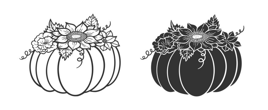 Pumpkin with Flowers. Vector illustation doodle flowers and pumpkins. 
