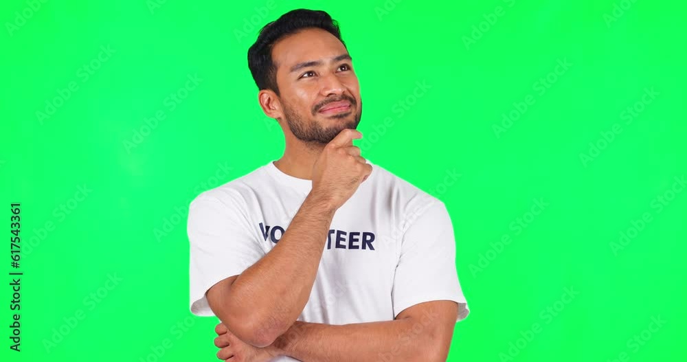 Aufkleber solution, idea and man in a studio with green screen for dreaming, memory or thinking facial express
