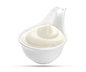 Sour cream in bowl isolated on white background with clipping path