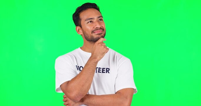 Solution, idea and man in a studio with green screen for dreaming, memory or thinking facial expression. Doubt, guess and young male person with a brainstorming face isolated by chroma key background