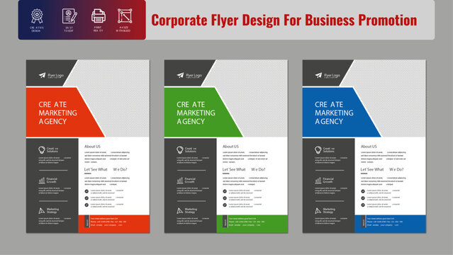 Flyer Layout, Creative Flyer Layout, Corporate Business Flyer Layout in three Colors, Corporate business flyer template design set Business brochure flyer design a4 template. 