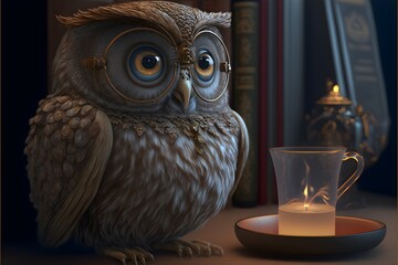 mechanical owl with eyeglasses steampunk 1 cute drinking hot tea library intricate details hyperrealism 4k volumetric lighting 
