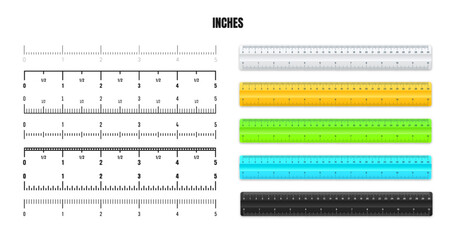 Realistic plastic rulers with black inch scale for measuring length or height. Various measurement scales with divisions. Ruler, tape measure marks, size indicators. Vector illustration