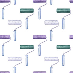 Seamless pattern green violet white roller, blue handle, repair tool. Making renovation. Decorating interior, repainting walls color. Hand drawn watercolor illustration background