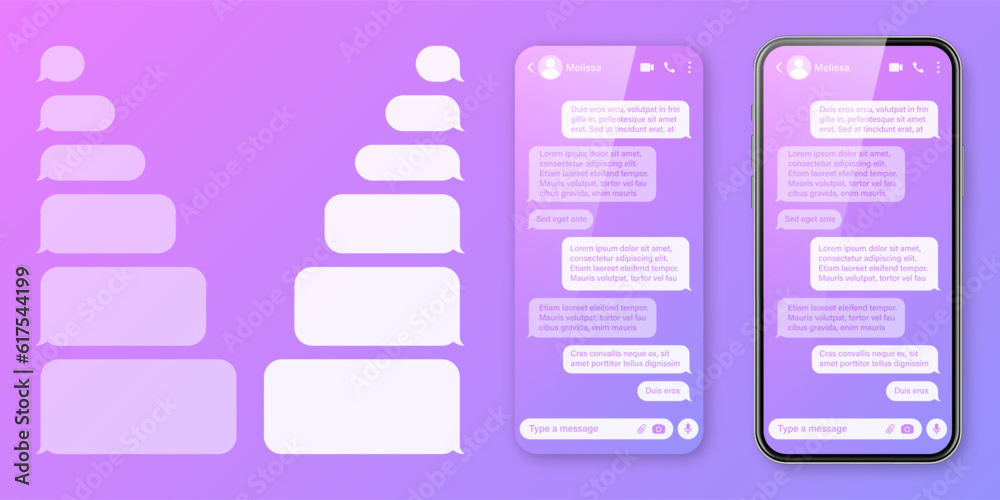 Wall mural realistic smartphone with messaging app on colorful violet background. blank sms text frame. chat sc