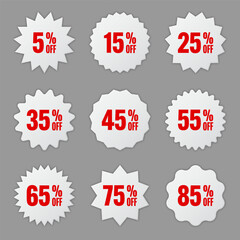 Price tags collection, special offer or shopping discount label with percent, discount percentage value. White retail paper sticker. Promotional sale badge. Vector illustration